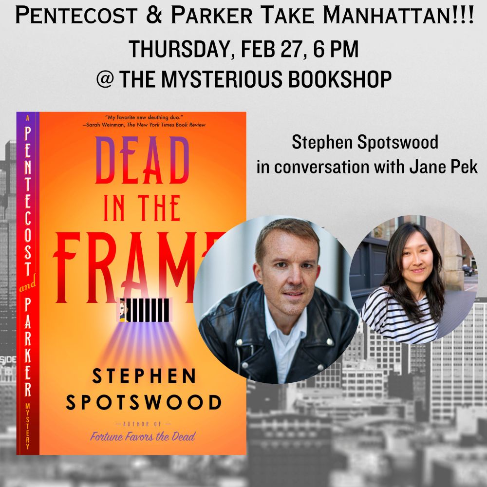 A notice for a signing and conversation at The Mysterious Bookshop, Thursday, Feb 27, 6PM
