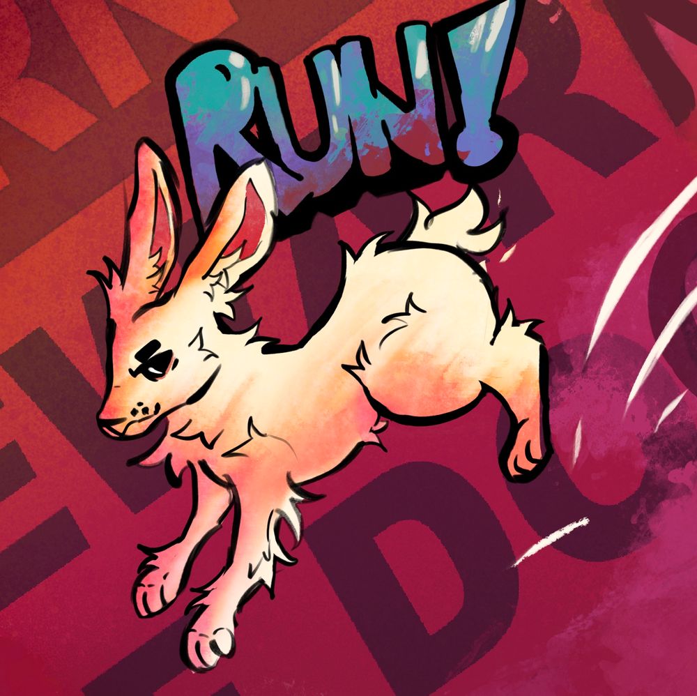 Non-anthro version of my oc Lucifer, dashing off. The background is a spray painted of “BEWARE DOG” sign. Wont make that mistake again :]