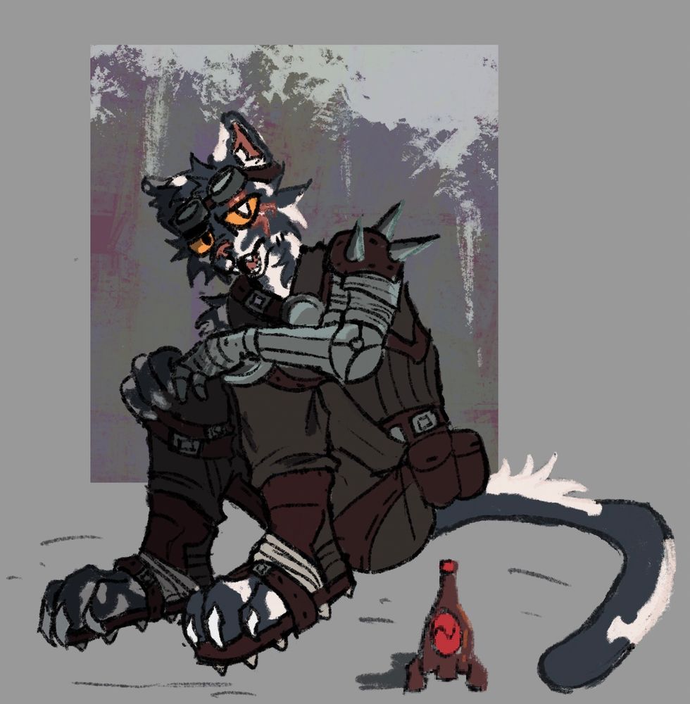 Anthrophormorphic tuxedo cat with abnormal patterns and Fallout New Vegas inspired leather armor, sitting next to a conspicuous bottle of Nuka Cola 