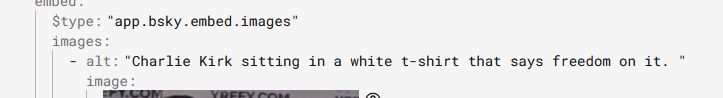 code from the image Link posted, showing the alt text reads: 
"Charlie Kirk sitting in a white t-shirt that says freedom on it."