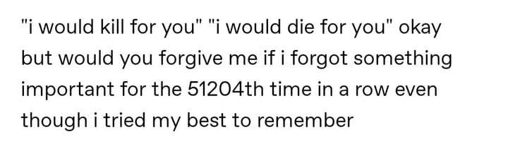 "I would kill for you" "I would die for you." okay, but would you forgive me if I forgot something important for the 51,204th time in a row even though I tried my best to remember 