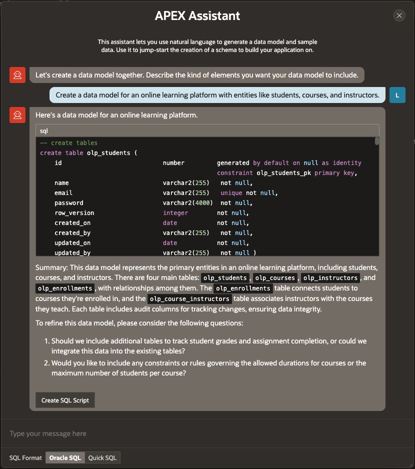 An image showing APEX Assistant creating the data model for Online Learning Platform.