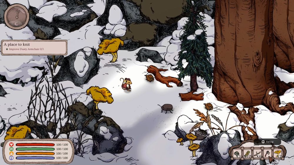 A screenshot from the game Winter Burrow showing a mouse in a wintery woodland scene approaching a beetle.