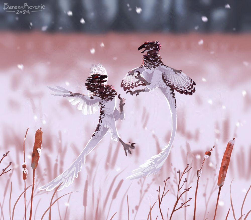 A digital painting of a winter scene. two dromaeosaurs, small raptors, suspended mid-air over a snowy field in a jump, their claws facing each other in either a play or a fight. 