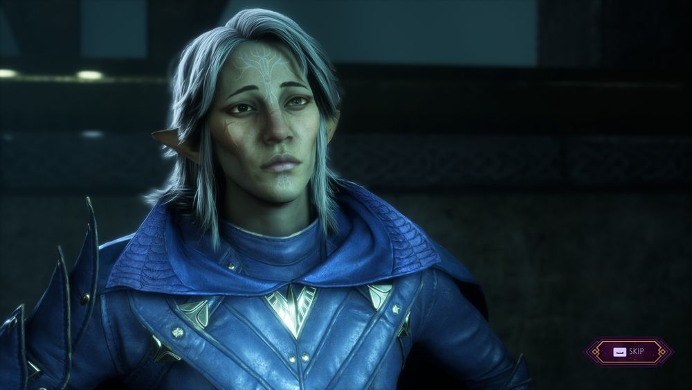screenshot from dragon age veilguard: crow rook, minnow, in a blue leater outfit