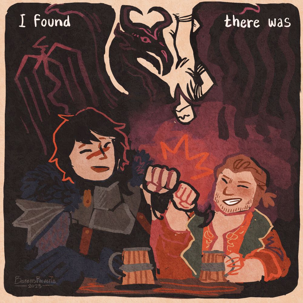 hawke and varric sharing a drink at the hanged man. a frame in the shape of dragon Flemeth with a cut in the border in the shape of the hanged man pub sign. the text above read "i found there was"