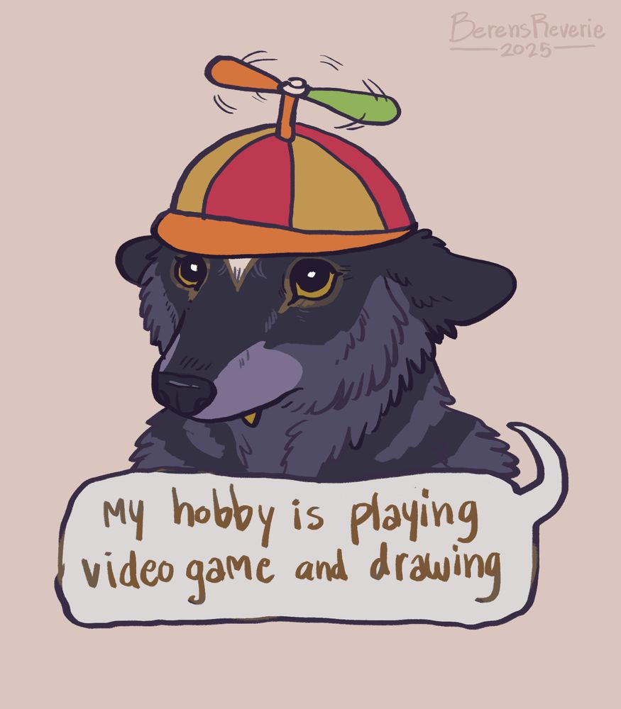 my black wolf fursona looking stupud wearing a kiddy hat with helicopter blade thingy on top, saying "my hobby is playing video game and drawing"