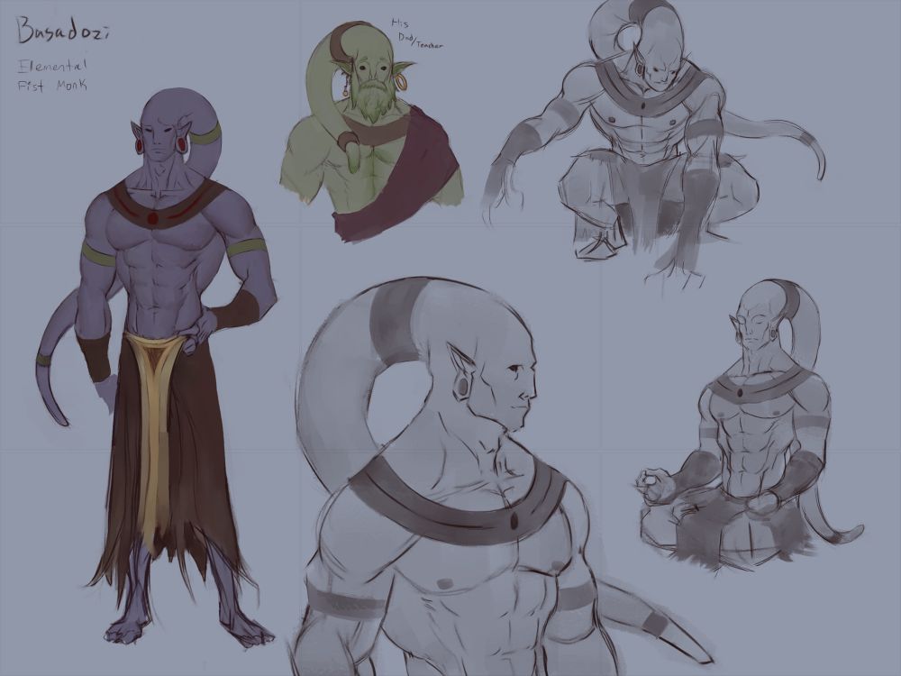 A variety of poses of Basadozi, the elemental demon monk and one sketch of his father and teacher
