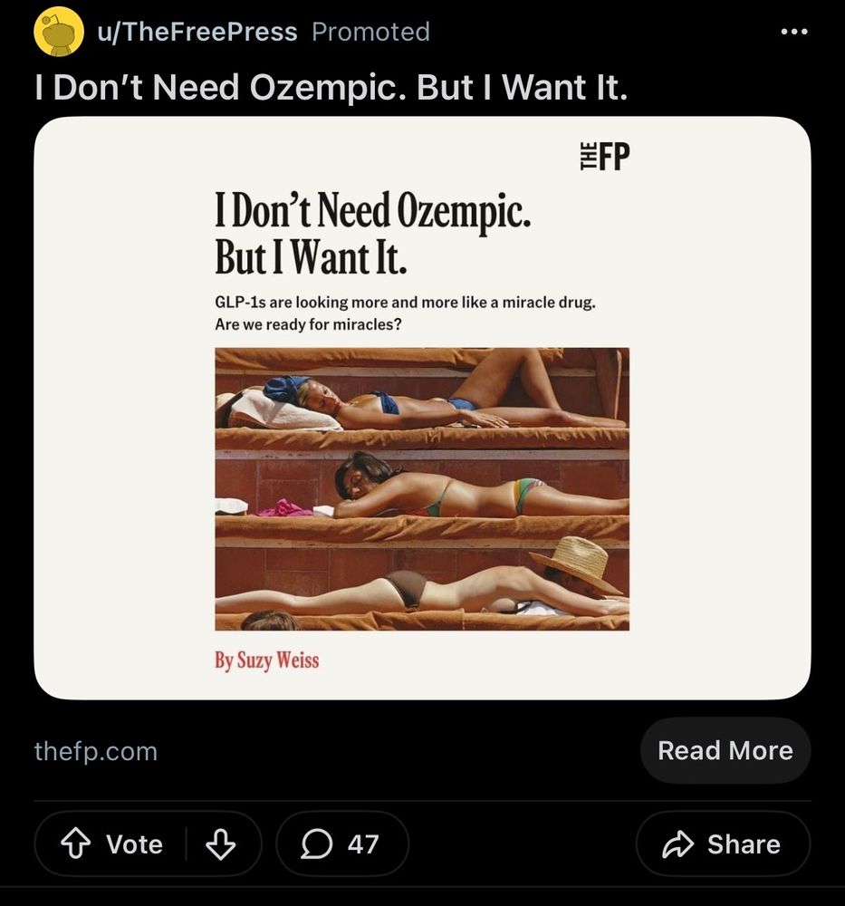 Reddit promoted post by Suzy Weiss “I don’t need Ozempic, but I want it”