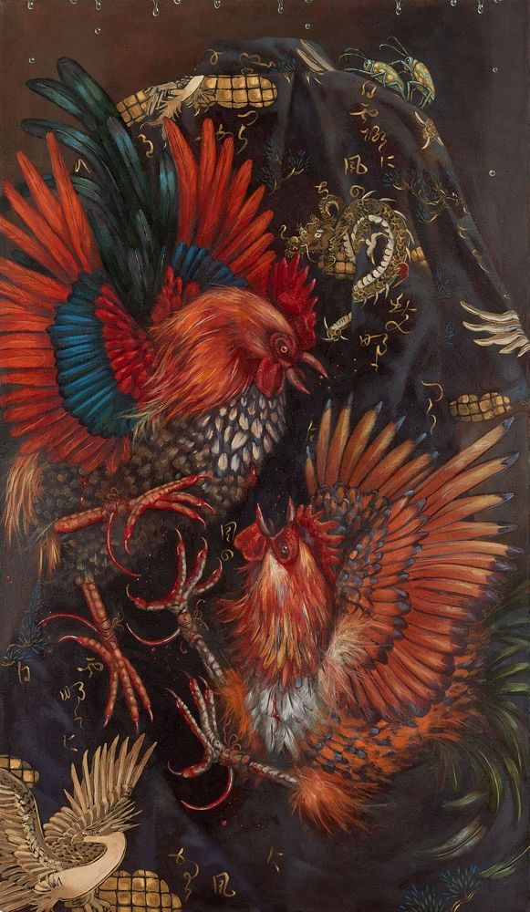 Two roosters fighting in front of tears and a kimono