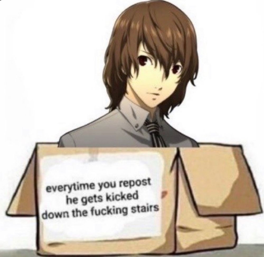 Sprite of Akechi in a cardboard box with “every time you repost he gets kicked down the fucking stairs” pasted on it 