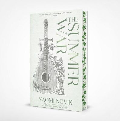 Photo of The Summer War by Naomi Novik. The cover features a lute wrapped in vines with sword’s hilt. Green flowers and vines cover the sprayed edges of the book. 