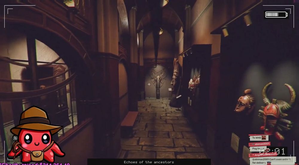 Screenshot of Octolar (Thorlar's adorable red octopus avatar) looking down a dark museum hallway. 