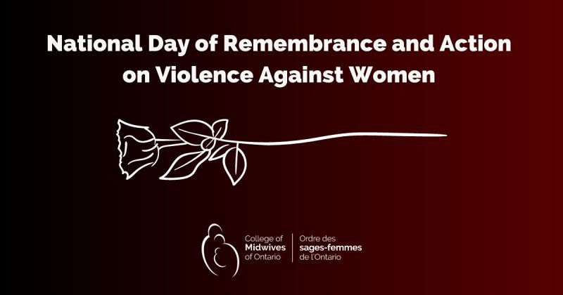 text that reads "National Day of Remembrance and Action on Violence Against Women" with a drawing of a white rose