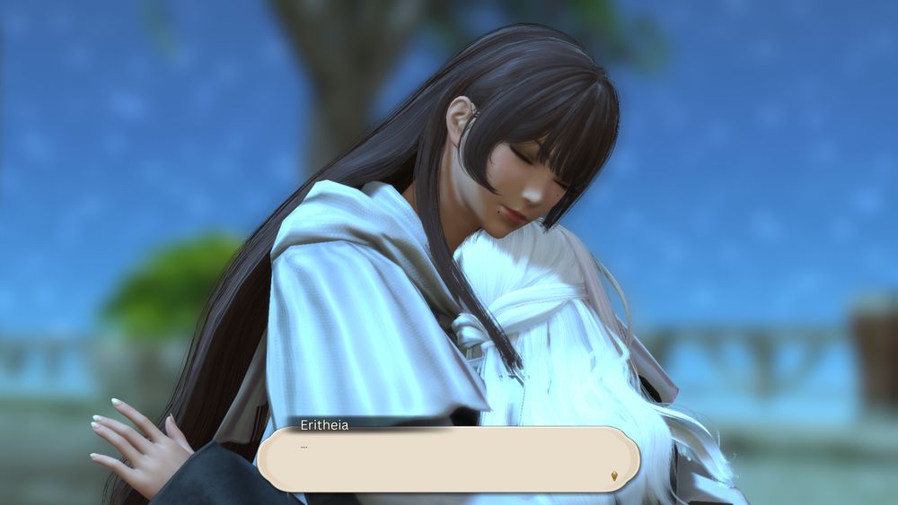 Eritheia hugs her tightly but gently, like a mother would to her child.