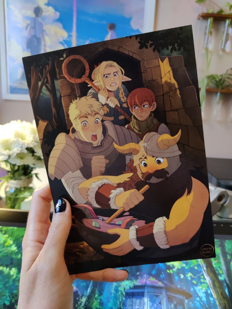Fanart of Dungeon Meshi characters: Laios, Marcille, Chilchuck and Senshi