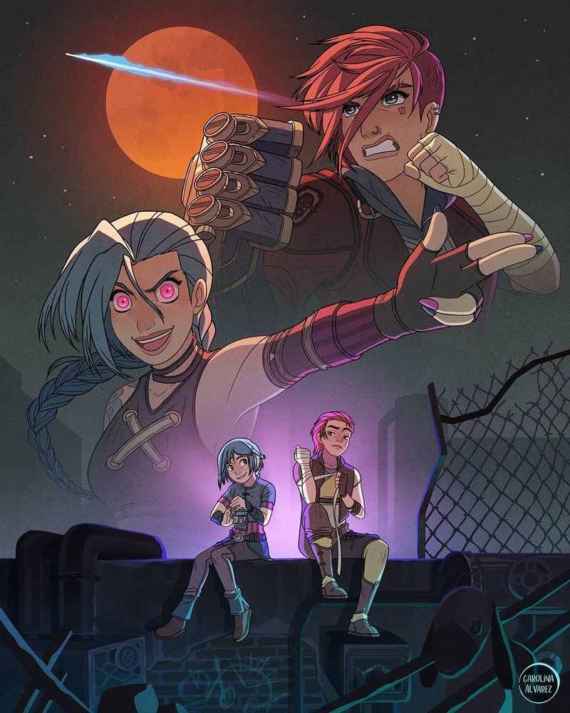 Vi and Jinx as adults in the background with the moon and Jinx's rocket in the sky. Vi is in fighting position and Jinx has her arm and fingers extended like a gun. In the lower part of the illustration Powder and Vi are sitting enjoying they time together.