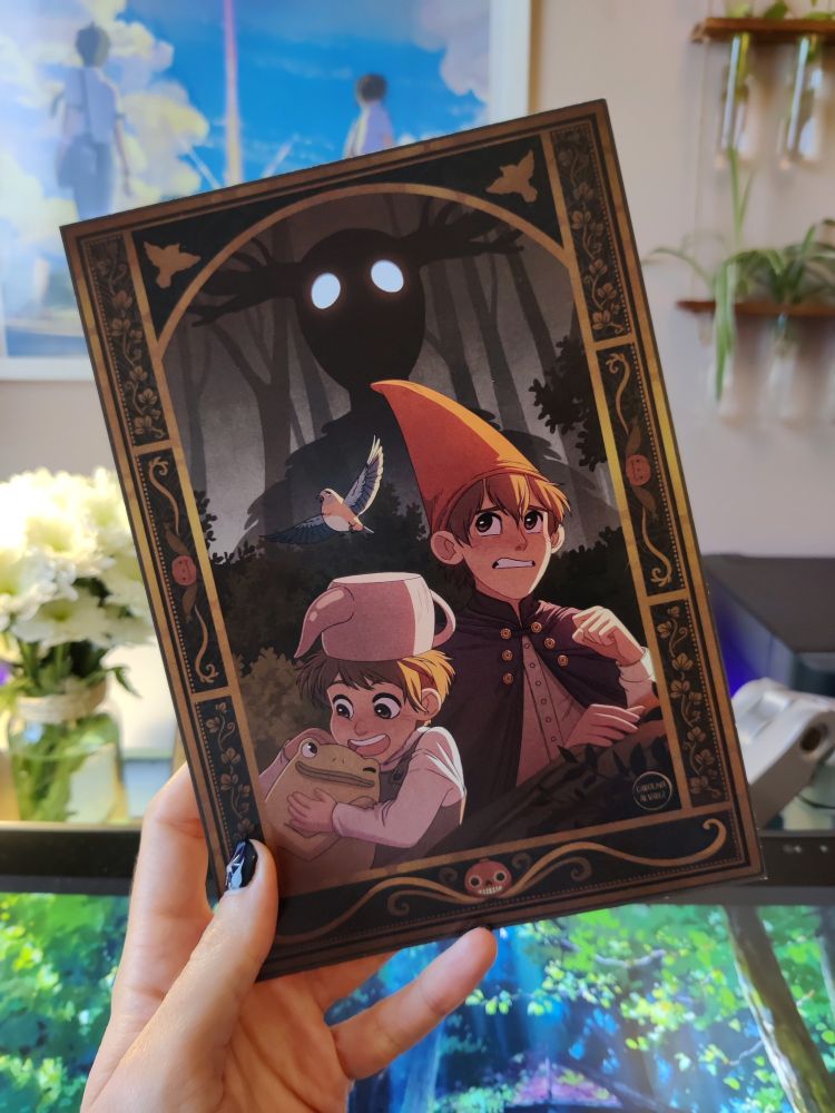 Fanart of Over the Garden Wall of the 3 main characters in the forest with the Beast in the background.