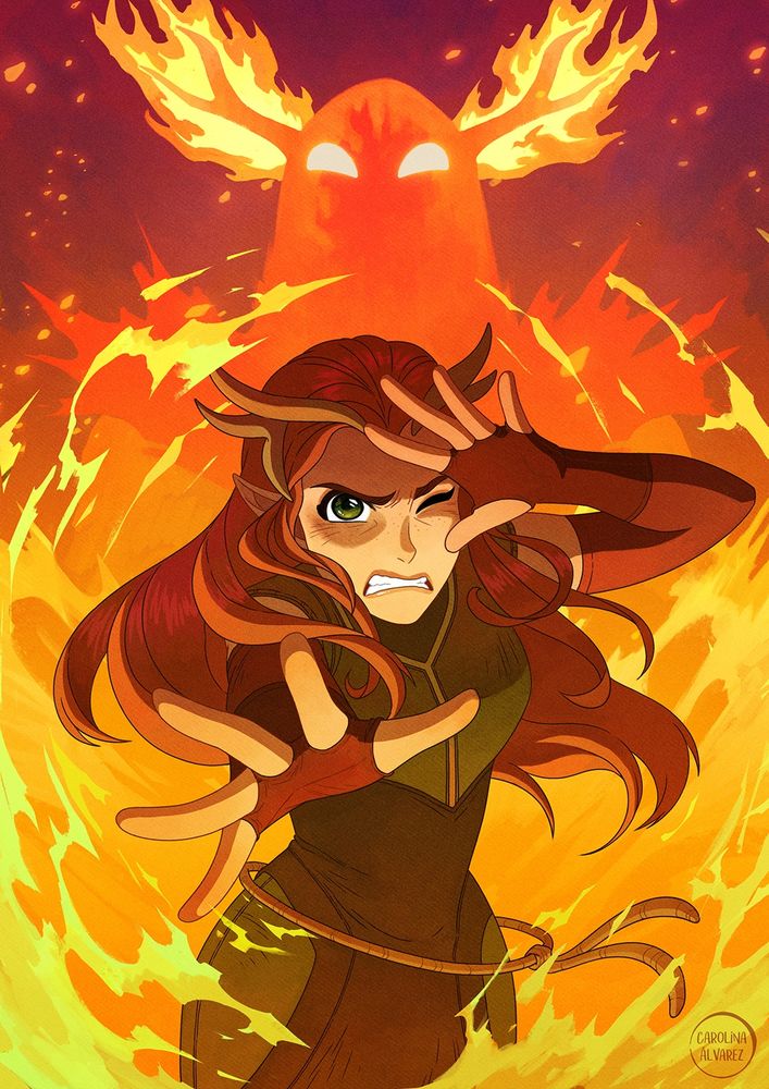 Fanart of Keyleth from Vox Machina passing through fire. In the background you can see the Fire Elemental she transforms to in the series.