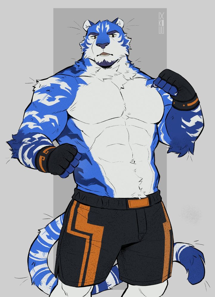 anthropomorphic tiger man furry with blue and white fur, wearing kickboxing gloves and shorts