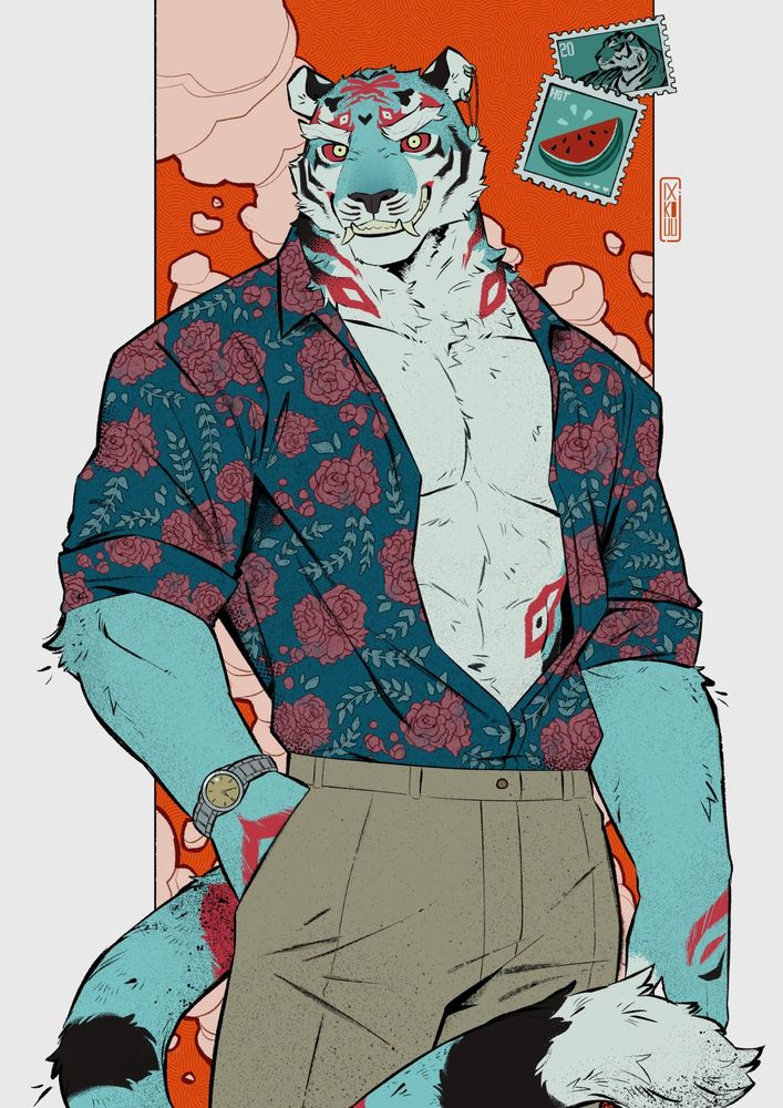 Pinup of a furry cyan anthro tiger man wearing a floral short and khaki pants 
