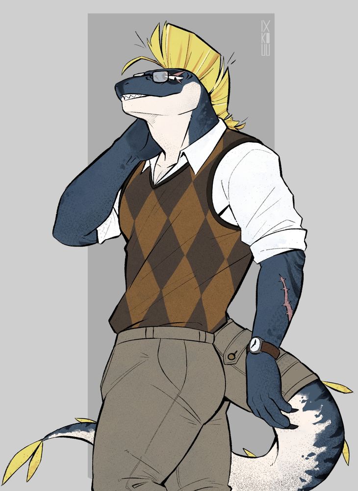 Anthropomorphic lizard man in an argyle sweater vest and chinos looking at viewer
