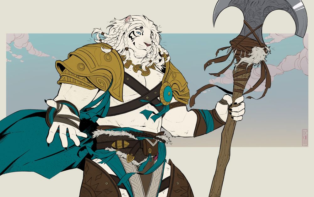 Ajani Goldmane, an albino lion warrior from the card game Magic: The Gathering wearing armor and holding his axe while having his one hand reaching out to the viewer