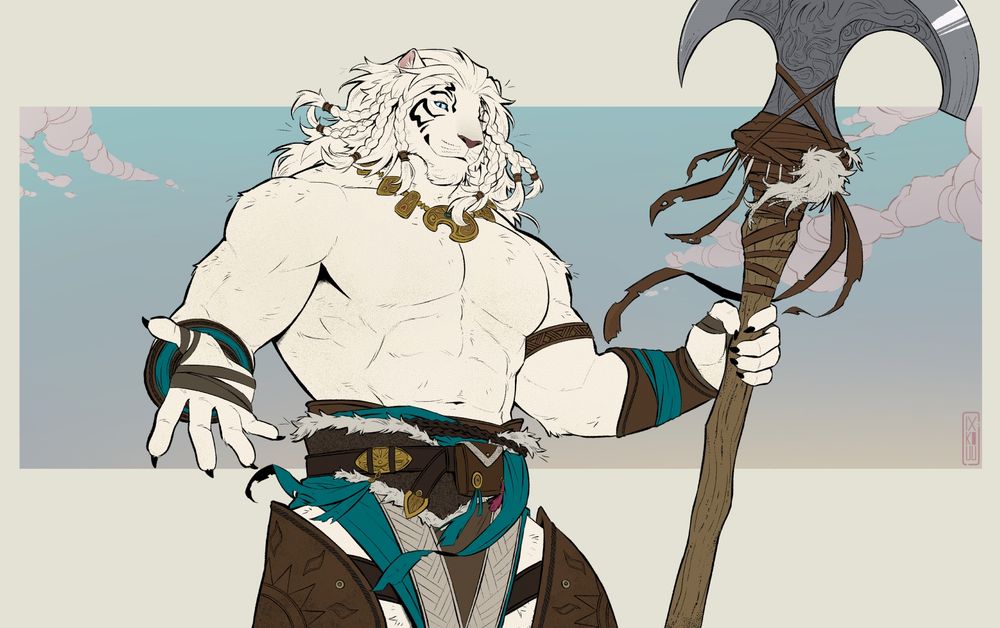 Ajani Goldmane, an albino lion warrior from the card game, Magic: The Gathering. He reaches out with one hand to the viewer while holding his axe