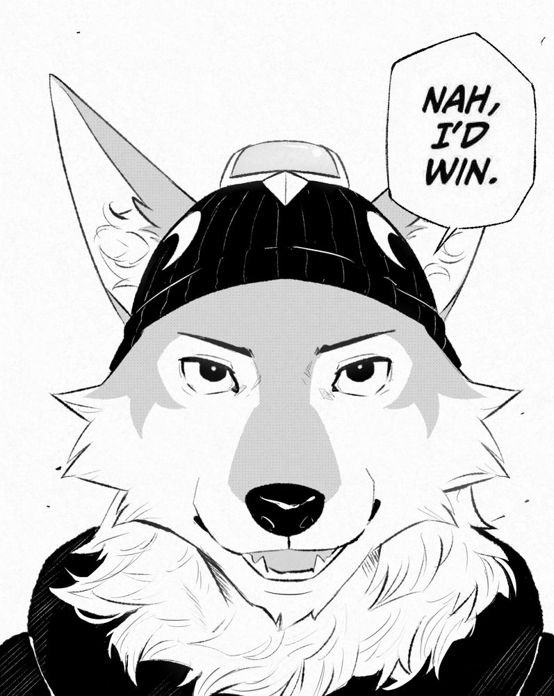 Wendell, an anthropomorphic wolf character from the battle royale videogame, Fortnite. Drawn in a parody style of an anime with him saying "Nah, I'd win", the phrase being mostly used for memes