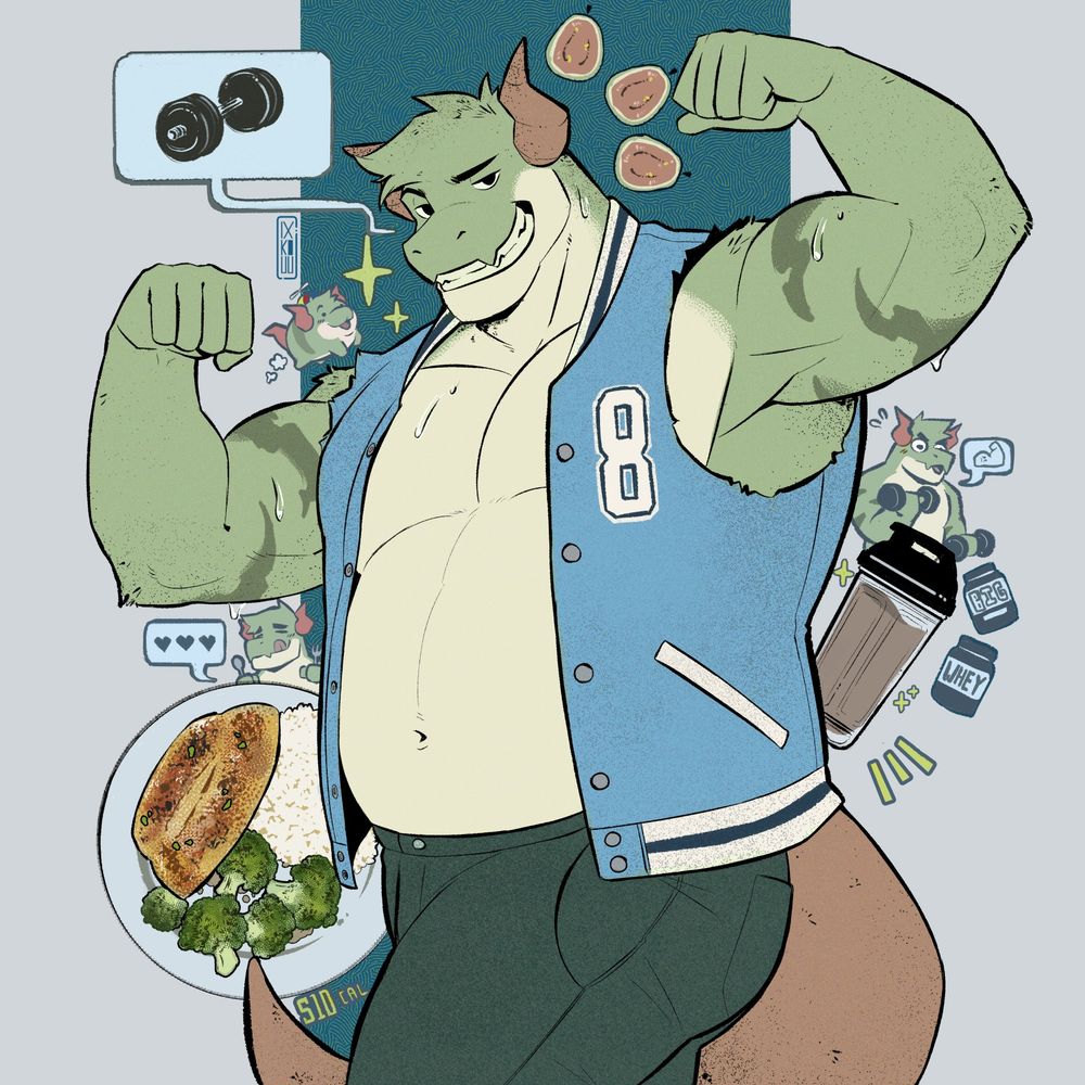 Anthropomorphic green dragon man with pink horns flexing his arm muscles while wearing a varsity jacket