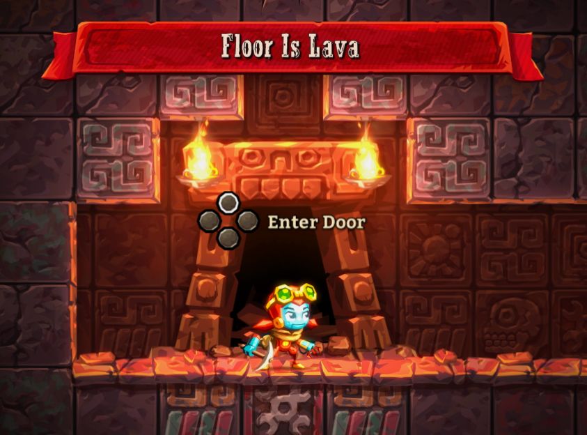 The entrance to the "Floor Is Lava" Challenge Cave in Steamworld Dig 2. The gimmick / challenge of this particular area is to navigate some tight platforming areas using the grappling hook given to the player, without touching specific surfaces. If these surfaces are touched, a button is pressed and a secret is closed off to the player, making them unable to collect it without exiting the cave and resetting its challenge. As implied by the post, this cave is rather difficult to navigate perfectly, to the point of being possibly frustrating on a casual playthrough.