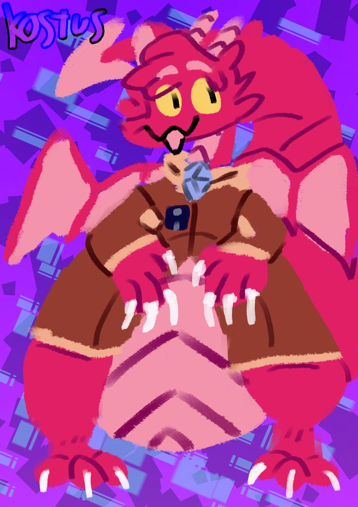 AgentZennifer's Laoki (he) standing and looking happy to the side with his mouth open in front of an abstract purple background with light-blue parts.