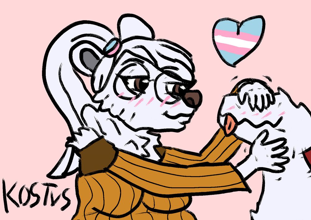 Bailey Bear (she/her) petting her tailmaw with both hands in front of a simple pink background :3