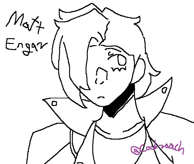 black outlines filled in with white drawing of a young man with bangs covering his one eye in a racing jacket with the caption matt engar