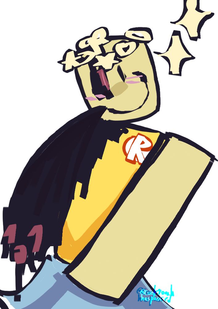 simple messy drawing of the version of john doe from the roblox game forsaken. he has a pale yellow skin, a yellow shirt with a logo on the top right corner resembling a white r in a circle with red outlines, his right hand is replaced with a big ahh dark spike dripping down with 101 error numbers on the non-sharp side, his right eye is seemingly corrupted as ots dark with red inside. he also has cute things contrasting with his corruption on the drawing such as a skirt (blue like his pants usually are), yellow hairclips (floating in the air because he has no hair) and sparkles.