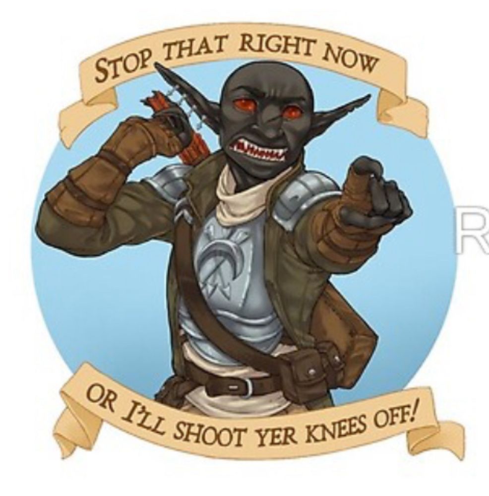 Illustration of Grizzop from Erasing The Line (Rusty Quill Gaming).
Grizzop is a dark skinned goblin with sharp teeth, red eyes and a scar on his nose. He is posed reaching towards his quiver on his back with one hand and pointing forwards with the other. There is a light blue circle as a background and at the top and the bottom there are two beige banners framing the illustration. The top one reads „stop that right now“ and the bottom „or i‘ll shoot yer knees off!“ in all caps and a historic looking fond.