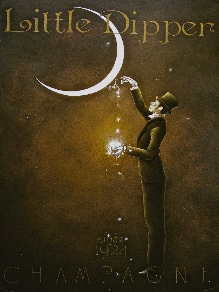 Vintage style poster illustration of a man filling a glass with champagne pouring from a decorative tap on a crescent moon. 