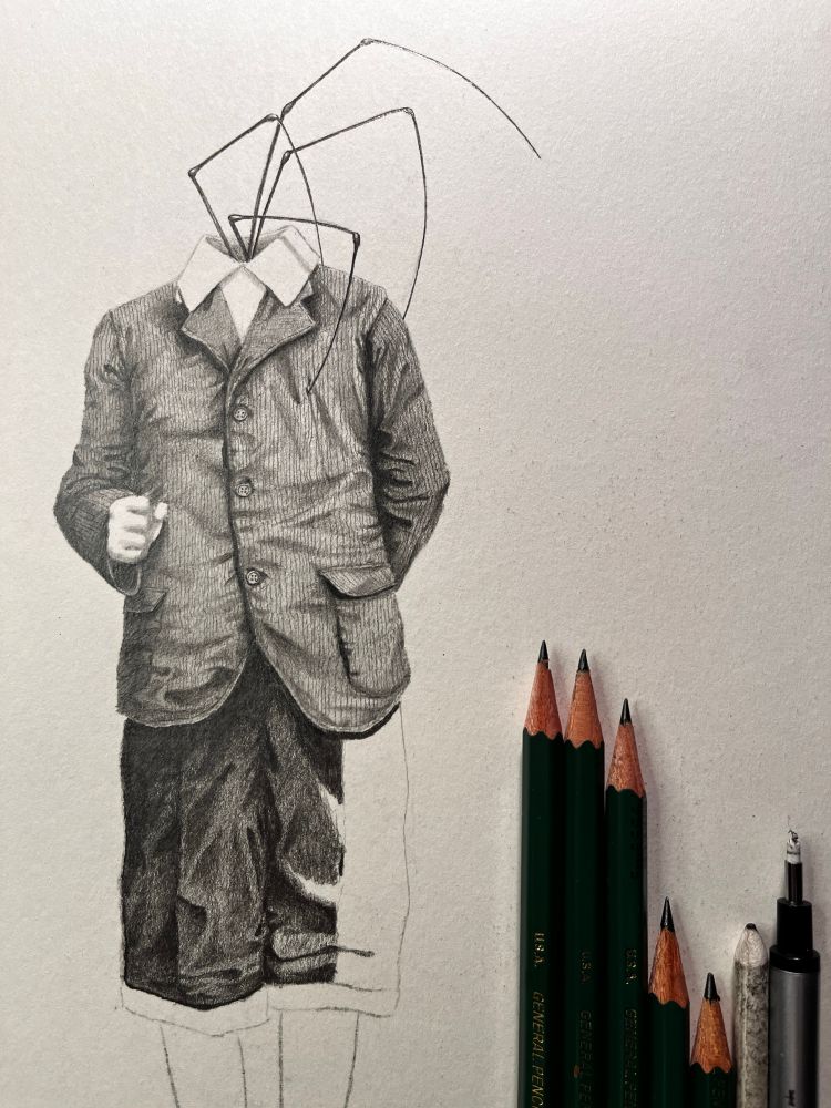 Unfinished drawing of a headless boy with spider legs crawling from his collar. 