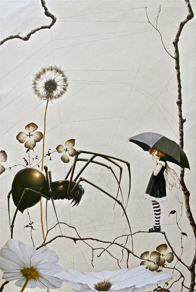 Illustration of an anthropomorphic fly holding an umbrella as a giant spider approaches. They are surrounded by flowers and foliage. 