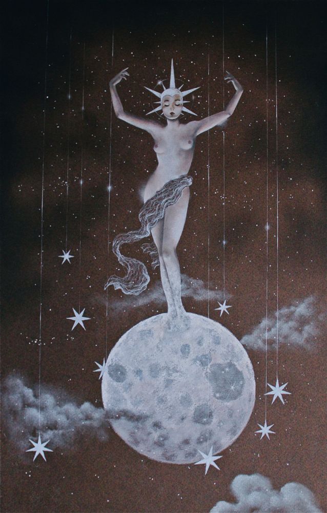 A figure of a marblesque woman born of some form of celestial rock surrounded by stars hanging from silvery threads. 