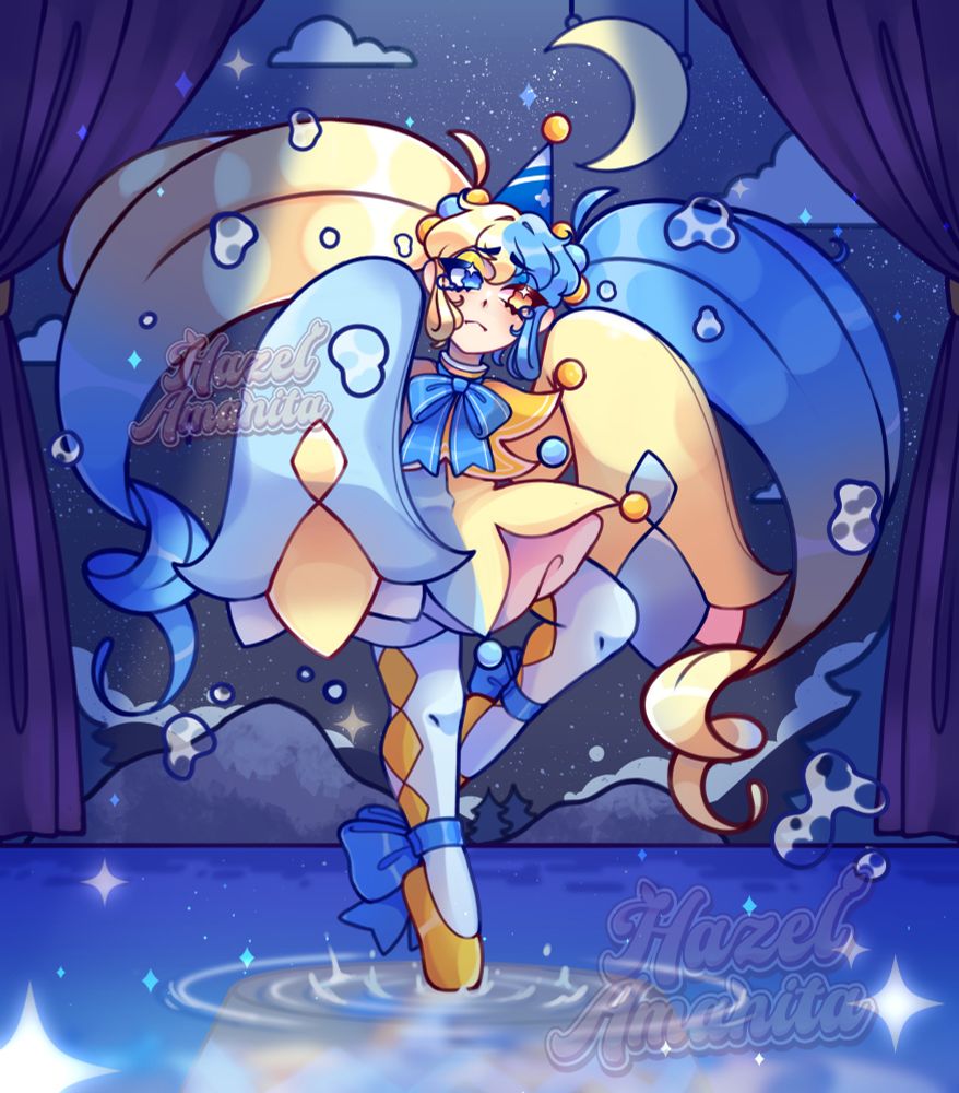 A crying clown drawing, she is dancing on a stage flooded with water