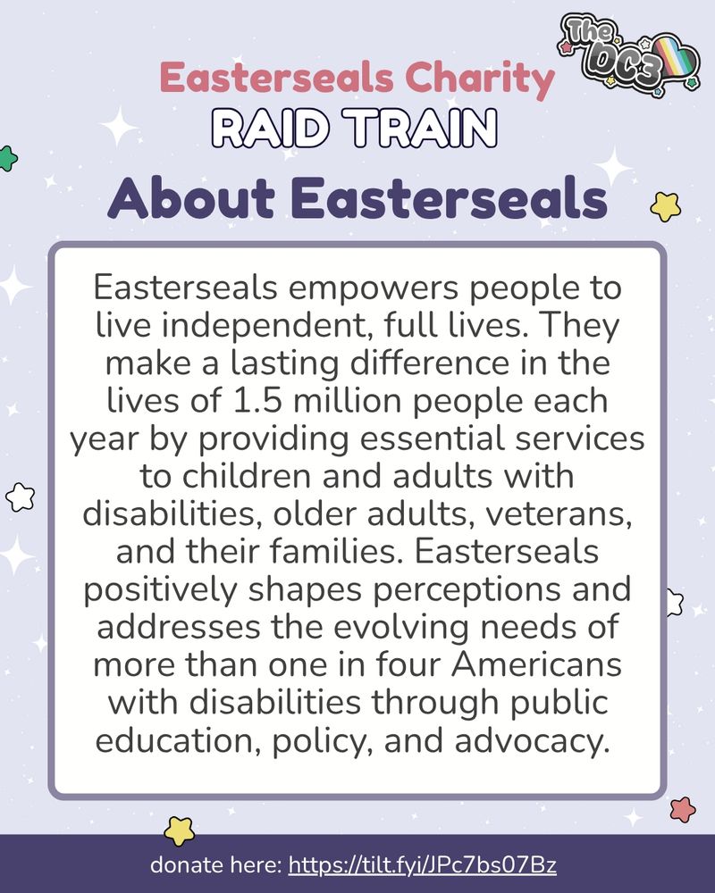 Text image explaining what what Easter Seals is. 

Text on image: easterseals charity raid train. Easterseals empowers people to live independent, full lives. They make a lasting difference jn the lives of 1.5 million people each year by proving essential services tl children a d adults with disabilities, older adults, veterans, and their families. Easterseals positively shapes perceptions and addresses the evolving needs of more than one in four Americans with disabilities through public education, policy, and advocacy. 