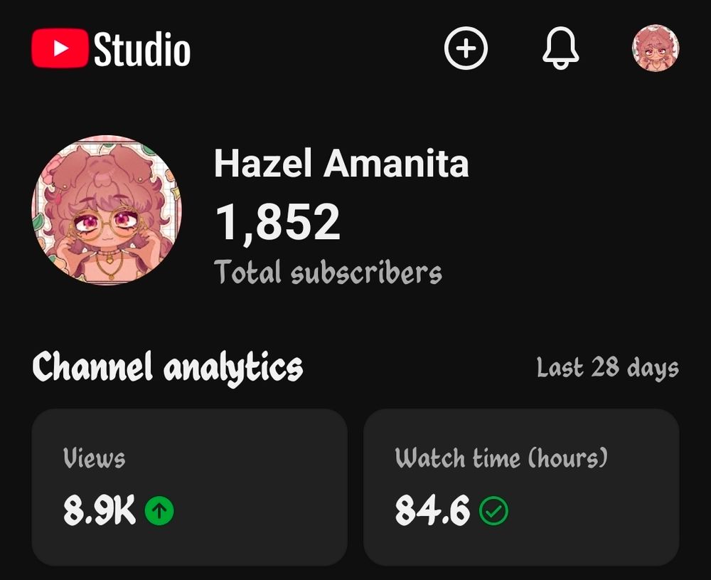 Screenshot of porition my YouTube analytics. Displays the subs, views, and watch time. 

Numbers are at: 1,852 sub, 8.9k views, and 84.6 hours of watch time