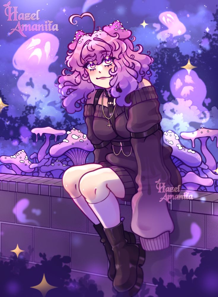 The final version of the 2 prior images redrawn in my current art style with very bright pinks, purples, and blues. The characters hair now has a pink to purple fade, and she is now wearing black boots and knee socks along with her sweater and harness instead of jeans and sneakers. She no longer has blood on her. Instead of her being stationed in the center of the frame, looking at the viewer head on. She is sat 3/4 of the way to the viewer. 