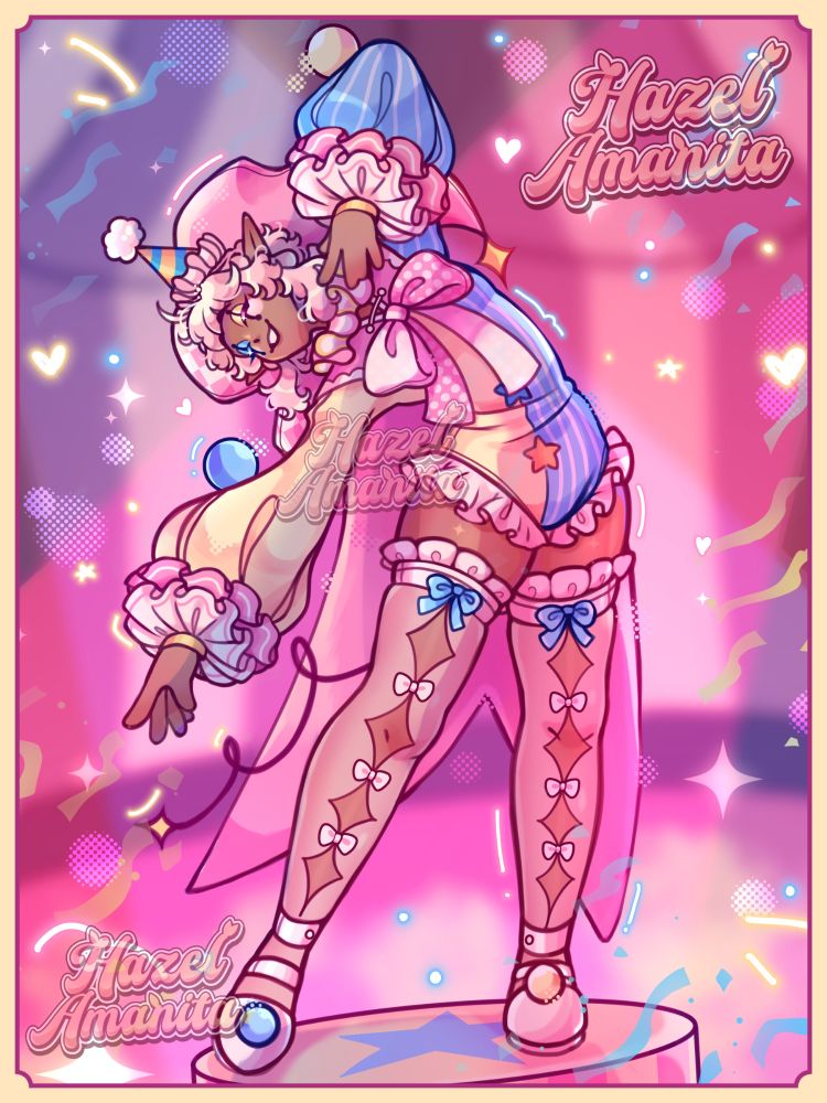 Digital illustration of a clown character standing on a stage balancing plastic balls on rheir arms with confetti all around them.