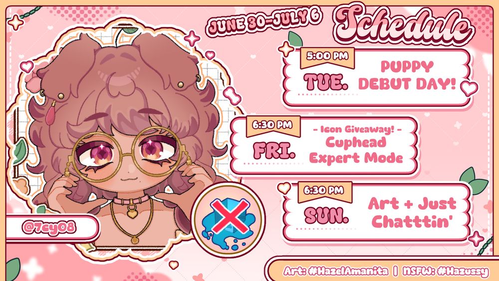 Schedule Graphic for the Week of June 16th to 22nd. Mainly colored pink, white, and yellow.
Left side has Art of my Vtuber is a shaped Bubble with artist credit beside it for the art: User: @7cy08 
Right side is The Schedule Dates, Times, and 3 bubbles showing what topics/games I will be Streaming.
- Tuesday: 5pm - Pubby Debut Day
- Friday: 6:30pm - Icon Giveaway + Cuphead Expert Mode
- Sunday: 6:30pm - Art = Just Chatting
