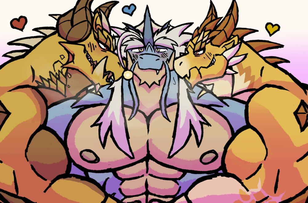 Two yellow dragons hugging one blue sea dragon while blushing
