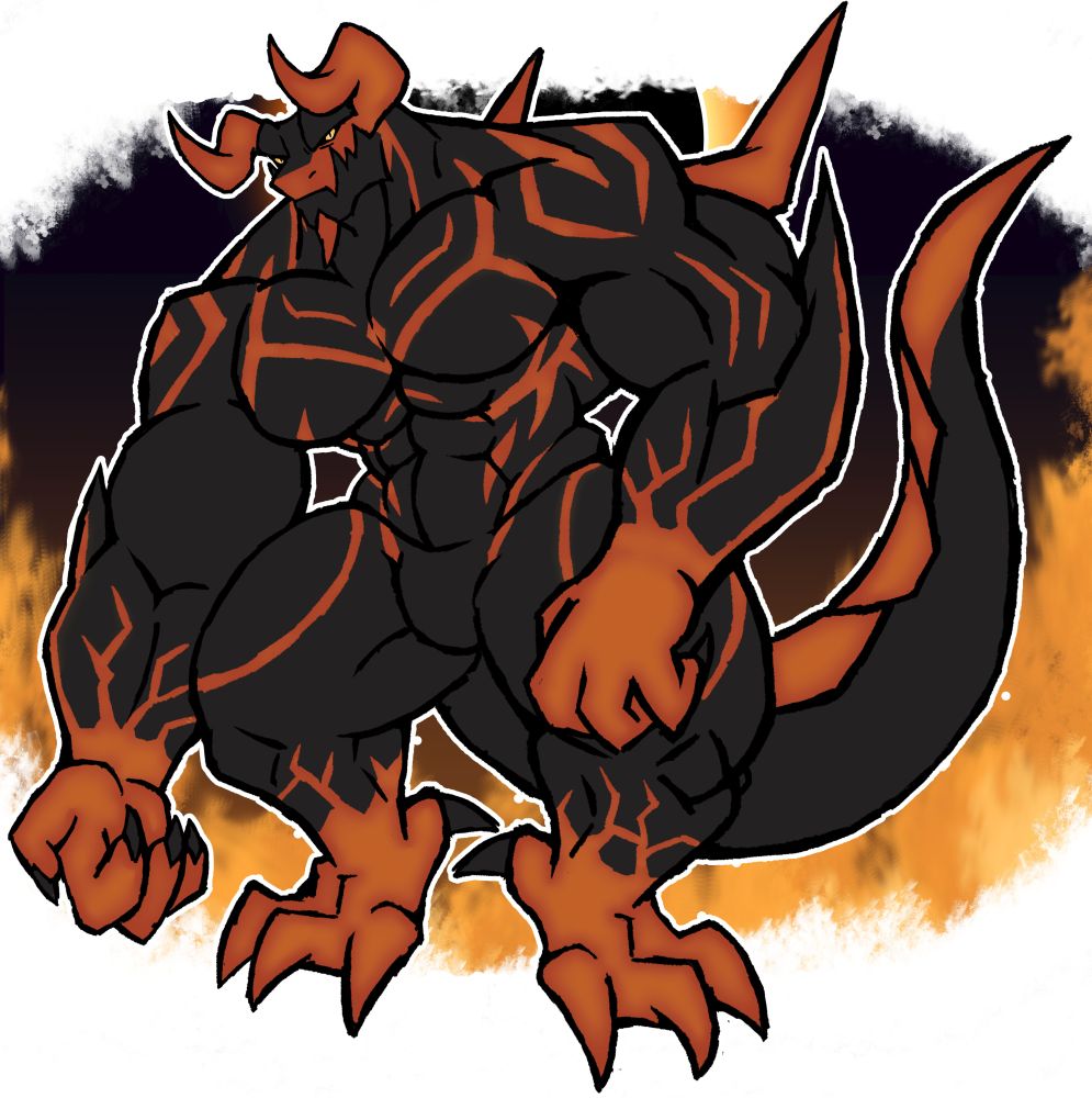A big muscular lizard man creature with fiery markings and horns