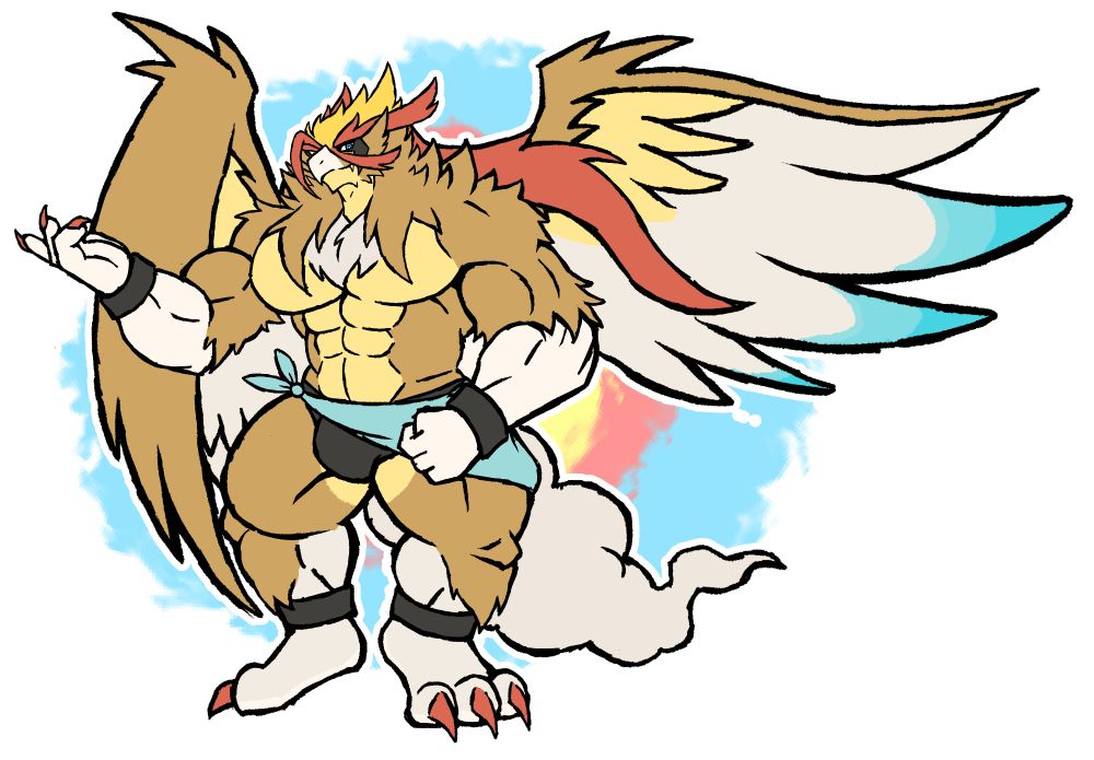 Muscular bird/griffin Pokemon with an open wing and wearing a swimsuit