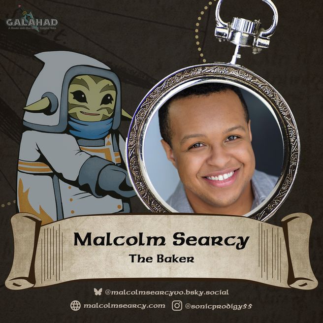 Portrait of Malcom Searcy with an illustration of the baker in the upcoming fan animation, "Galahad."